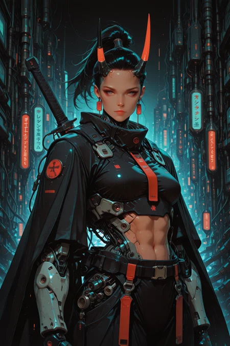 embedding:lazypos, namech, cyberpunk, 1girl, solo, looking at viewer, gloves, sword behind back, closed mouth, jewelry, standing, upper body, high ponytail, earrings, black gloves, belt, black pants, muscular, cape, city skylines, abs, mecha, japanese clothes, horn <lora:NanoKage_v1.0_-_Illustrious:0.8> <lora:TrendCraft_The_Peoples_Style_Detailer-v1.0A-3_13_2025-illustrious:1>