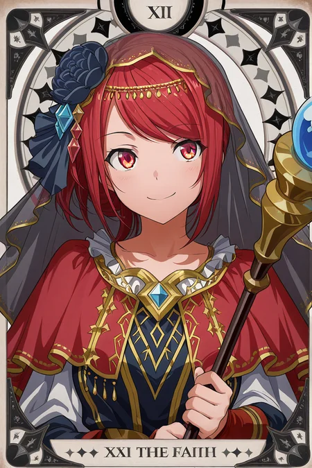 masterpiece, best quality, amazing quality,
<lora:Misora_IL:1> misora, 1girl, yellow eyes, solo, dress, smile, bangs, veil, red hair, tarot the faith, staff, swept bangs, hair ornament, holding, face focus