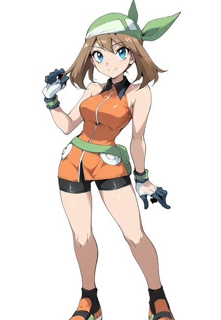safe_pos, dynamic character design, female focus, derpixonstyle, film grain
Uncensored, score_9, score_8_up, score_7_up, score_6_up, source_anime, anime screencap, detailed, detailed body, detailed face, solo focus, full body view, 
1girl
standing, cute smile, sexy pose,
brown hair, twintails, blue eyes
bandana, green bandana, gloves, orange jacket, green fanny pack, bike shorts, bare shoulders, black socks, orange shoes
may_\(pokemon_emerald\)
white background, simple background 
