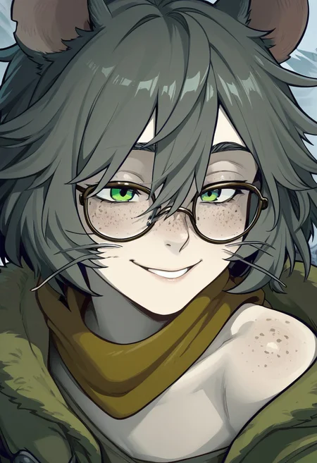 (Zoom on face. Close-up)
Solo Woman. Demihuman rat. Half human half rat. off-the-shoulder green furcoat, rat tail, rat ears. Whiskers.
Pale skin. (long gray bushy messy hair), green eyes, glasses, messy, scars, scarf, scavenging, freckles. Hooded. Hood. Smiling.