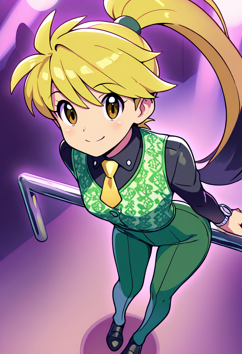 masterpiece, best quality, solo, curvy, beautiful eyes, narrow waist, wide hips, 1girl, solo, smile, looking at viewer, dynamic angle, foreshortening, close up,    zzYellow, brown eyes, blonde hair, long hair, ponytail, bangs,  , <lora:YellowPokemon_NAI:1.0>, [The Caporegime], olive green tailored suit with a gold tie and cufflinks, polished black leather shoes, subtle paisley pattern on the vest, silver watch, dark hair styled in a classic comb-back, leaning over a bar in a crowded upscale nightclub, smiling menacingly as he speaks to a rival businessman,