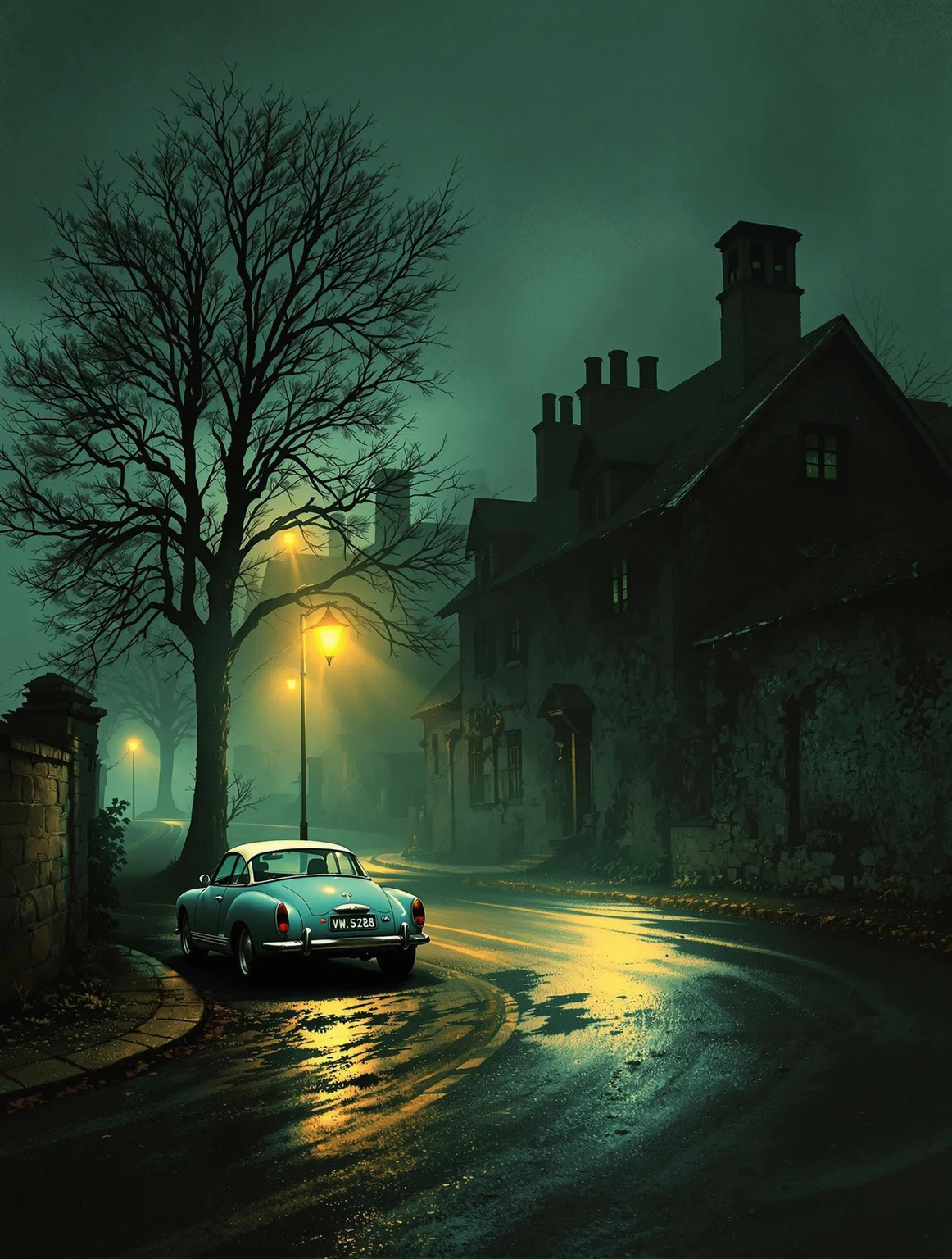 A photograph capturing a misty, atmospheric street scene at night. The image is dominated by a narrow, winding road that curves gently to the right, disappearing into the fog. The road is wet, with a glistening texture suggesting recent rainfall. On the left side of the road, a tall, leafless tree stands bare against the dark, foggy sky. To the right, another tree, also leafless, is visible. The background features an old, dilapidated building with a pitched roof and multiple chimneys, partially obscured by the fog. The building's walls are rough and weathered, indicative of age.
The streetlights on either side of the road emit a warm, yellowish-orange glow, contrasting sharply with the cool, muted tones of the fog and the dark, almost black, shadows. The lights cast long, soft shadows on the ground, enhancing the eerie, almost ghostly atmosphere. In the foreground a pale blue, white top Volkswagen Karmann Ghia is parked on the side of the road. The overall color palette is dominated by greens, greys, and blacks, with occasional bursts of warm yellow from the streetlights. The image exudes a sense of solitude and melancholy, with a hint of mystery and the passage of time.
loose brushwork, vibrant color, light and shadow play, captures feeling over form.