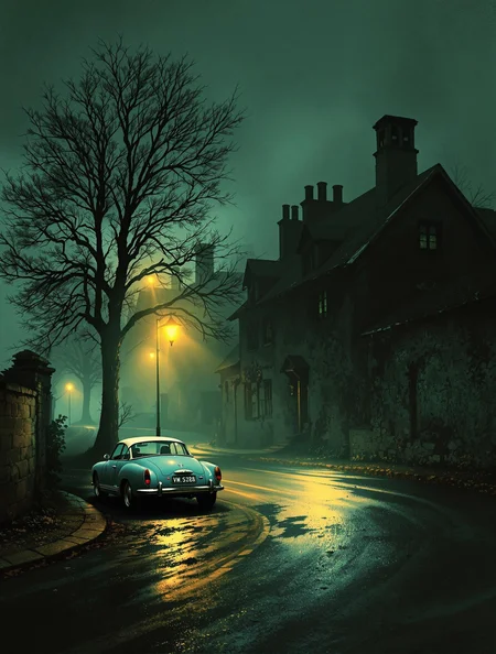 A photograph capturing a misty, atmospheric street scene at night. The image is dominated by a narrow, winding road that curves gently to the right, disappearing into the fog. The road is wet, with a glistening texture suggesting recent rainfall. On the left side of the road, a tall, leafless tree stands bare against the dark, foggy sky. To the right, another tree, also leafless, is visible. The background features an old, dilapidated building with a pitched roof and multiple chimneys, partially obscured by the fog. The building's walls are rough and weathered, indicative of age.
The streetlights on either side of the road emit a warm, yellowish-orange glow, contrasting sharply with the cool, muted tones of the fog and the dark, almost black, shadows. The lights cast long, soft shadows on the ground, enhancing the eerie, almost ghostly atmosphere. In the foreground a pale blue, white top Volkswagen Karmann Ghia is parked on the side of the road. The overall color palette is dominated by greens, greys, and blacks, with occasional bursts of warm yellow from the streetlights. The image exudes a sense of solitude and melancholy, with a hint of mystery and the passage of time.
loose brushwork, vibrant color, light and shadow play, captures feeling over form.