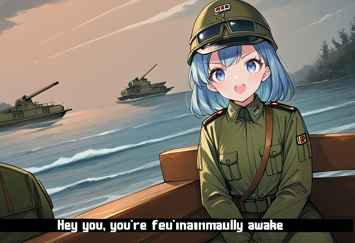 (score_9:0.9),score_8_up,score_7_up,anime style,rating_safe,
BREAK <lora:hey you, you're finally awake ponyXL v3.5:0.8>,hey you - you're finally awake, military, world war ii, military uniform, uniform, blue hair, blue eyes, outdoors, watercraft, green jacket, cloud, ocean, hat, goggles, looking at viewer, goggles on headwear, jacket, multiple girls, water, boat, 2girls, sky, long sleeves, helmet, tree, 1girl, medium hair, cloudy sky, solo focus, military vehicle