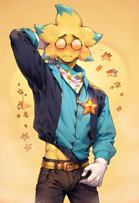 score_9, score_8_up, score_7_up, score_6_up, score_5_up, score_4_up, source_furry, yellow skin, glasses, opaque glasses, looking_at_viewer, figure, utstarlo, star necklace, blue hoodie, white shirt, blush, shy, soft clothing. brackets, sweat, colored skin, star, 1man, tall, average build, no pupils, solo, sweatdrop, male focus, belt, biped, white boots, feet out of frame, unzipped pants, brown pants, clothed, white gloves, white kerchief, exposed midriff, solo, one gold star badge, detailed background, yellow background, yellow patterns on clothings, zipper, full body, one hand behind head, raw lighting, overexposed, harsh flash, c0l0urgl0w, <lora:PonyXL_V6_starlo_v1:1>