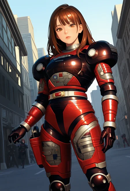 1girl, solo, R3ddle, armor, bodysuit, shoulder pad, gloves, belt, kneepad, holster, brown hair, brown eyes, cowboy shot, dutch angle, looking at viewer, shiny clothes,
outdoors, city,
best quality, very aesthetic, masterpiece,