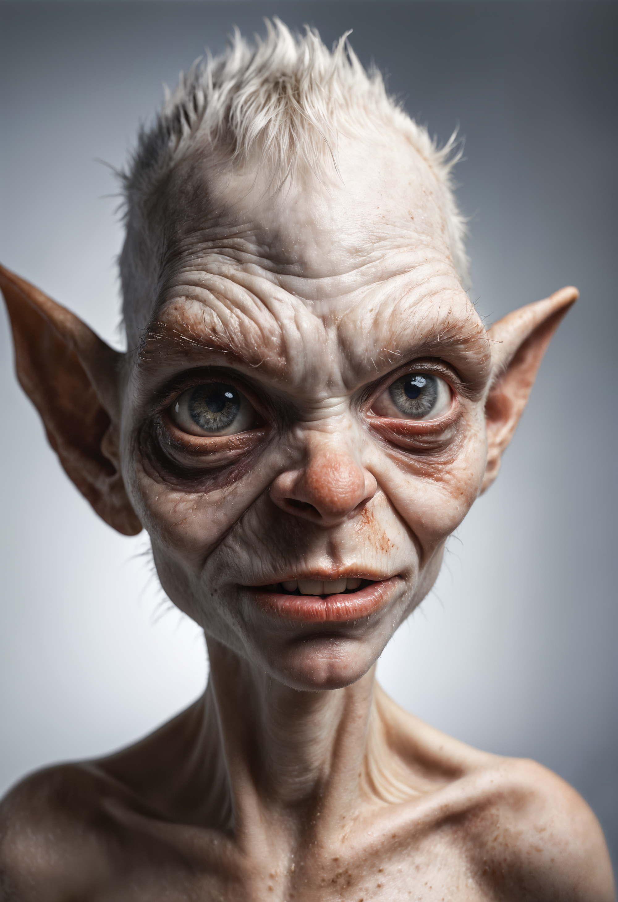 hyperrealistic glamour portrait of a goblin, freckles, skin pores, pores, velus hair, macro, extreme details, looking at viewer,