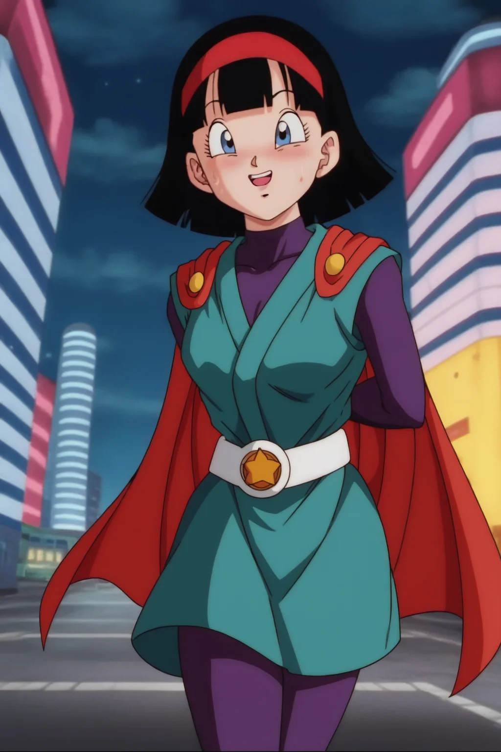 source_anime, score_9, score_8_up, score_7_up, anime screencap,
videl, dragon ball super, great saiyaman, 1girl, solo, looking at viewer, blush, smile, short hair, bob cut, blue eyes, city, black hair, white gloves, cityscape, arms behind back, white belt, red cape, purple bodysuit, spiked hair, ;\), teeth, night sky, eyelashes, collarbone, green tunic, sweatdrop, sweat, arms at sides
<lora:videlSatan_pony_v1:0.8>
