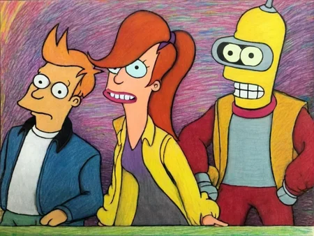 The crew of Futurama <lora:crayons_v1_sdxl:1>, Very detailed, clean, high quality, sharp image, FuturamaStyle <lora:SDXL-FuturamaStyle-Lora:1>