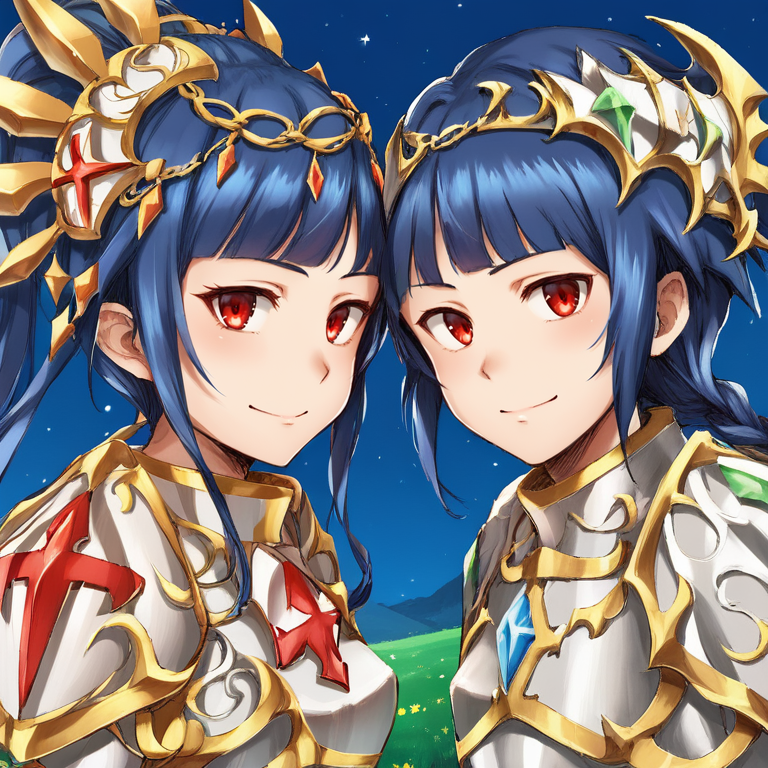 <lora:Claire__Colt:0.75>, clabase, ClaDef, red eyes, blue hair, long hair, very long hair, ponytail, high ponytail, (ear ornament, headdress, armored headdress), armor, breastplate, shoulder armor, bodysuit under clothes, hair ornament, pauldrons, gold trim,  (smile),
<lora:Claire__Colt:0.75>Cbase, cdef, blue hair, red eyes, long hair, low-tied long hair, low-braided long hair, single braid, braided ponytail, braid, (tiara, hairpods, hair ornament), armor, breastplate, shoulder armor, gold trim, black sleeves, purple cape, (flat chest), serious, 1boy, looking at viewer, 
score_9, score_8_up, score_7_up, source anime, outdoors, exterior, starry hill, night, overlook, scenery, <lora:backgroundsetXL:0.2> , background,  looking at viewer, from side, dual persona, brother and sister, siblings, ((face, close-up)),