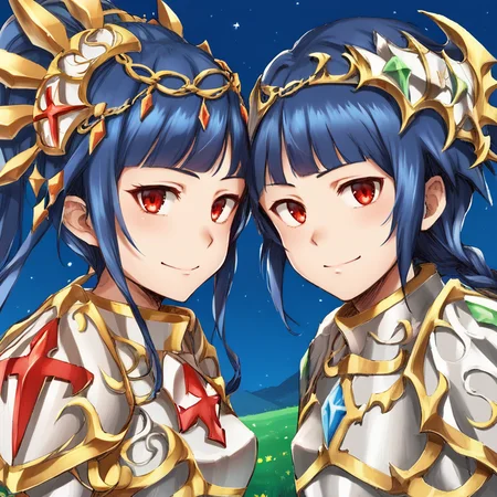 <lora:Claire__Colt:0.75>, clabase, ClaDef, red eyes, blue hair, long hair, very long hair, ponytail, high ponytail, (ear ornament, headdress, armored headdress), armor, breastplate, shoulder armor, bodysuit under clothes, hair ornament, pauldrons, gold trim, (smile),
<lora:Claire__Colt:0.75>Cbase, cdef, blue hair, red eyes, long hair, low-tied long hair, low-braided long hair, single braid, braided ponytail, braid, (tiara, hairpods, hair ornament), armor, breastplate, shoulder armor, gold trim, black sleeves, purple cape, (flat chest), serious, 1boy, looking at viewer,
score_9, score_8_up, score_7_up, source anime, outdoors, exterior, starry hill, night, overlook, scenery, <lora:backgroundsetXL:0.2> , background, looking at viewer, from side, dual persona, brother and sister, siblings, ((face, close-up)),