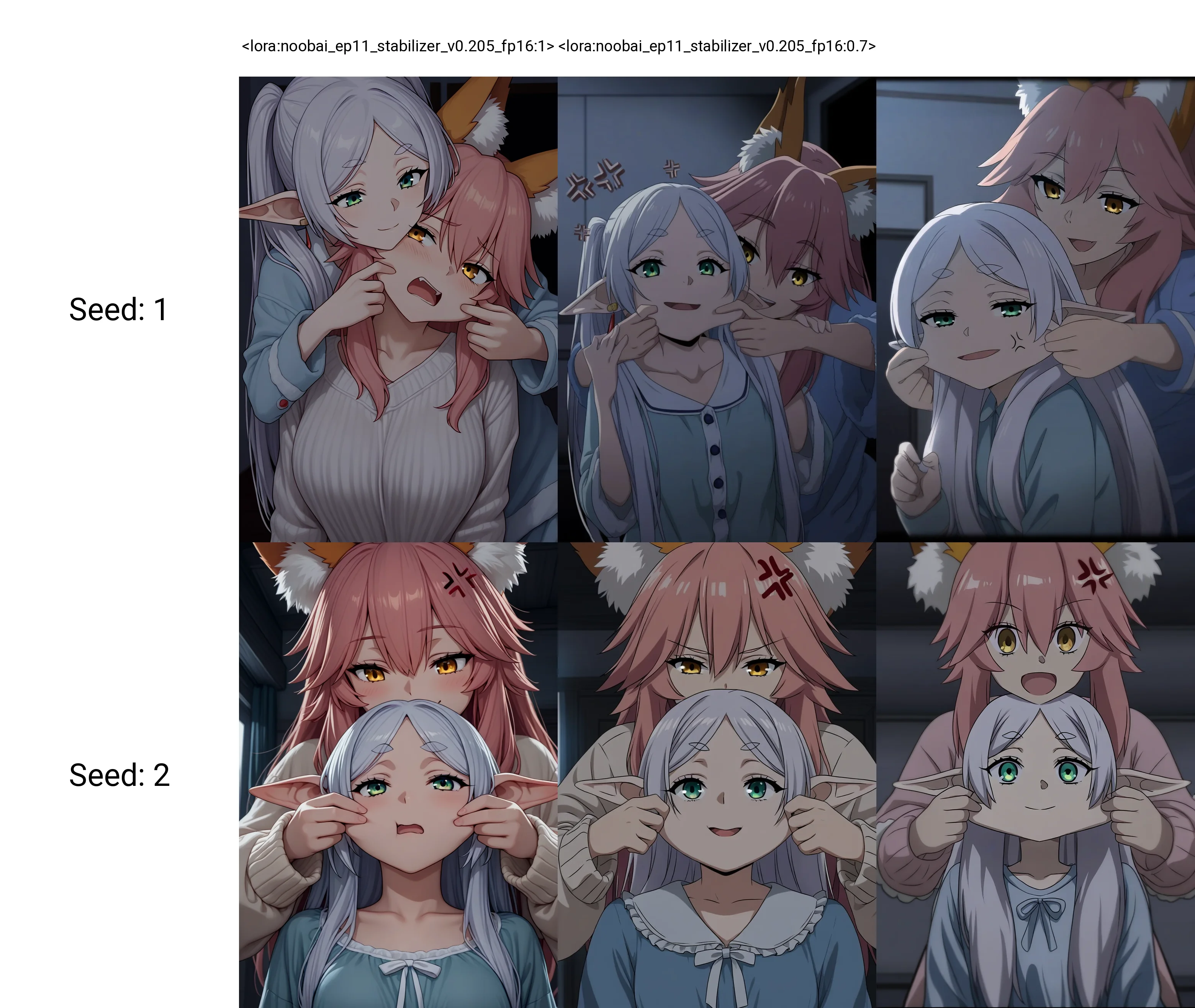 <lora:noobai_ep11_stabilizer_v0.205_fp16:1>2girls,tamamo \(fate\),fox ears,pink hair,smile,yellow eyes,frieren,white hair,green eyes,anger vein,upper body,open mouth,blue pajamas,sweater,cheek pull,dark,indoors,depth of field,masterpiece,