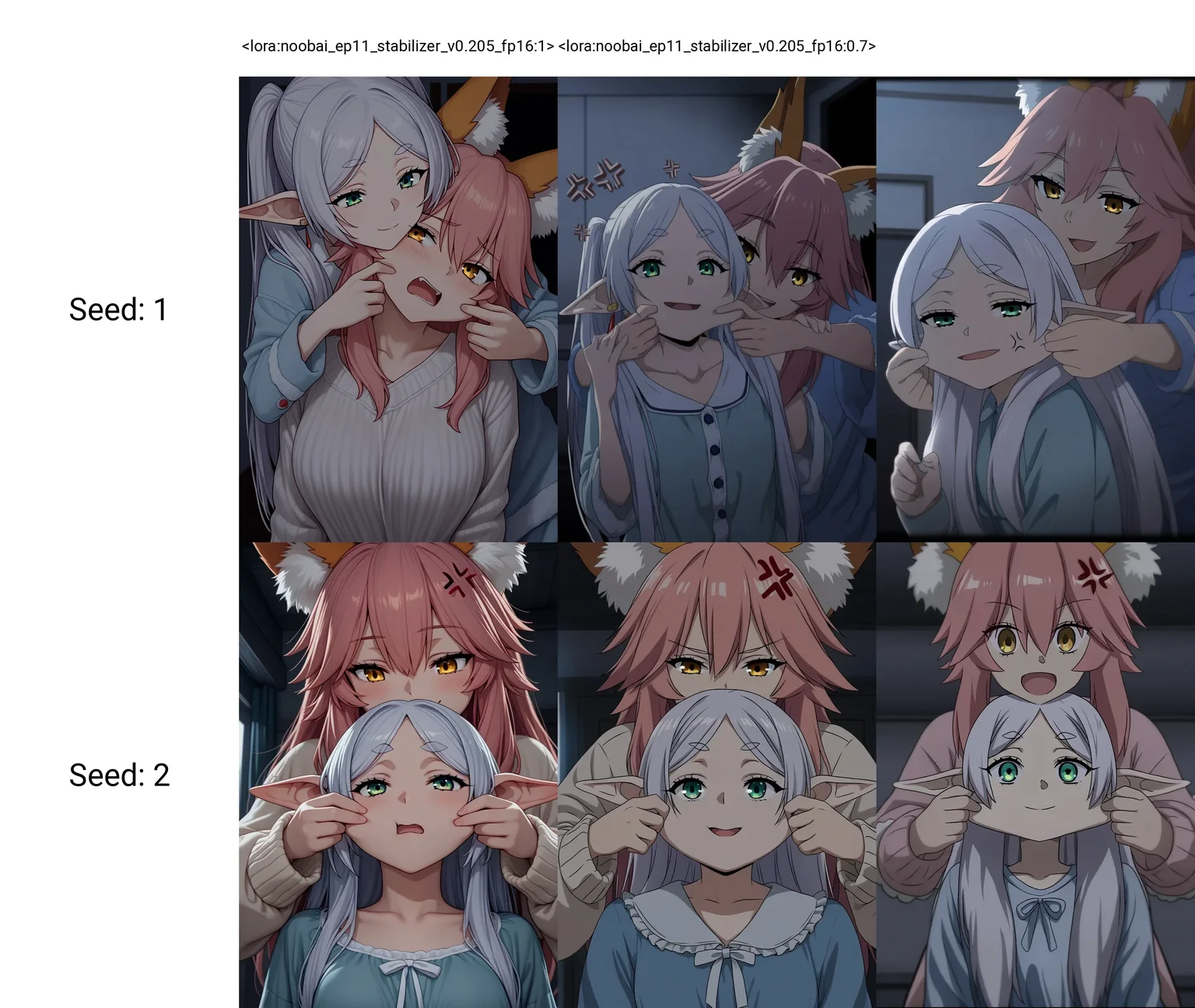<lora:noobai_ep11_stabilizer_v0.205_fp16:1>2girls,tamamo \(fate\),fox ears,pink hair,smile,yellow eyes,frieren,white hair,green eyes,anger vein,upper body,open mouth,blue pajamas,sweater,cheek pull,dark,indoors,depth of field,masterpiece,