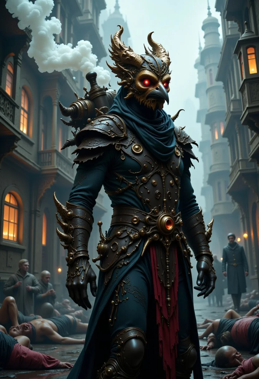 A plague doctor in a steampunk and dark fantasy style wears a bronze bird mask with glowing red eyes. His worn leather attire is laced with metal parts and steaming apparatuses that release toxic fumes. In a foggy, disease-ridden city, he unleashes a new plague as mechanical gears clink on his body. Dark colors and poisonous vapors fill the scene, with sickened figures collapsing in the background.