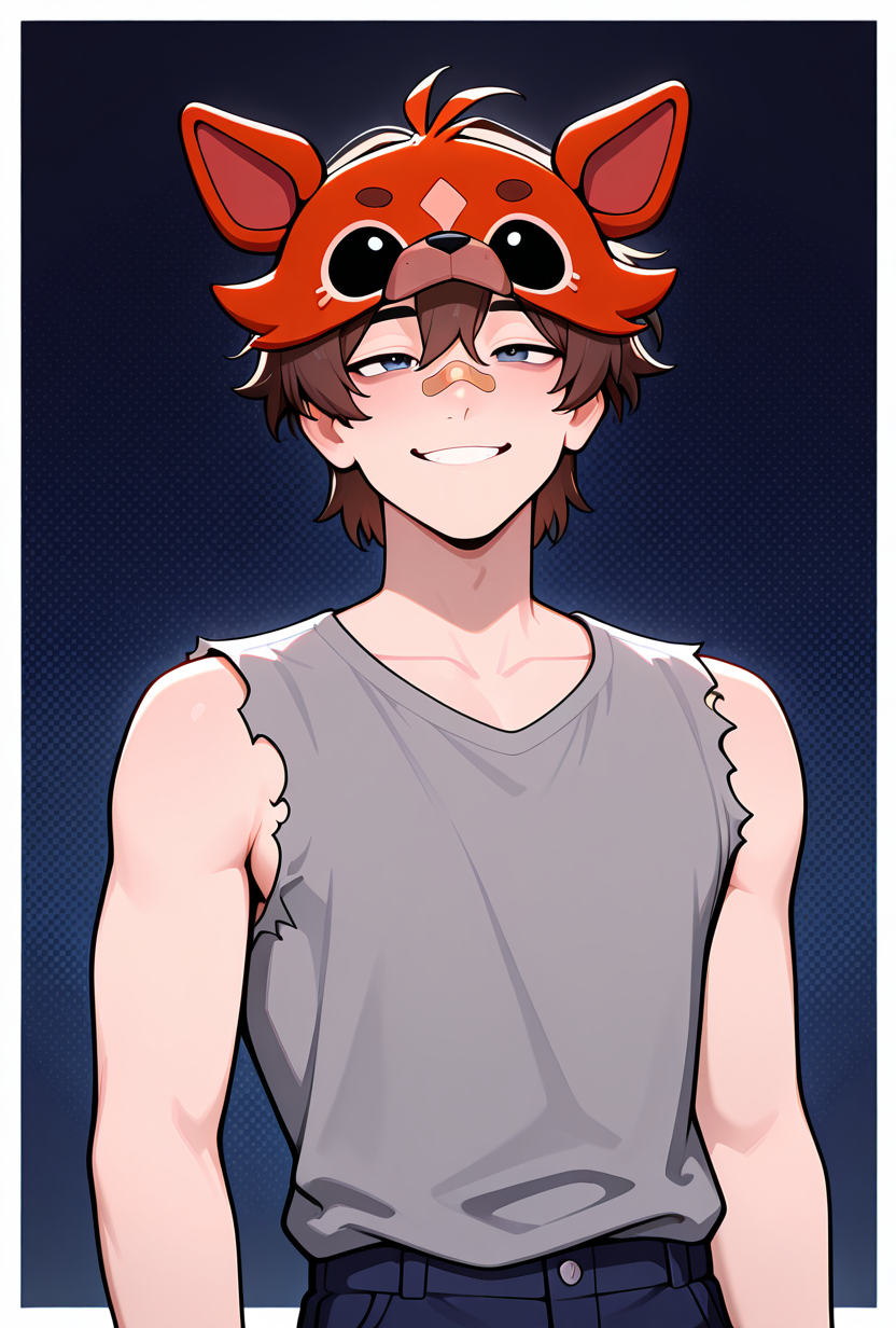 <lora:michafton-10:1> michafton, brown hair, short hair, 1boy, grey shirt, sleeveless shirt, bandaid on face, bandaid on nose, torn clothes, torn sleeves, navy blue shorts, smile, foxy mask to side, dark blue background,, masterpiece, best quality, amazing quality, very aesthetic, absurdres, newest,, upper body, halftone effect, white borders, abstract background:1.2,