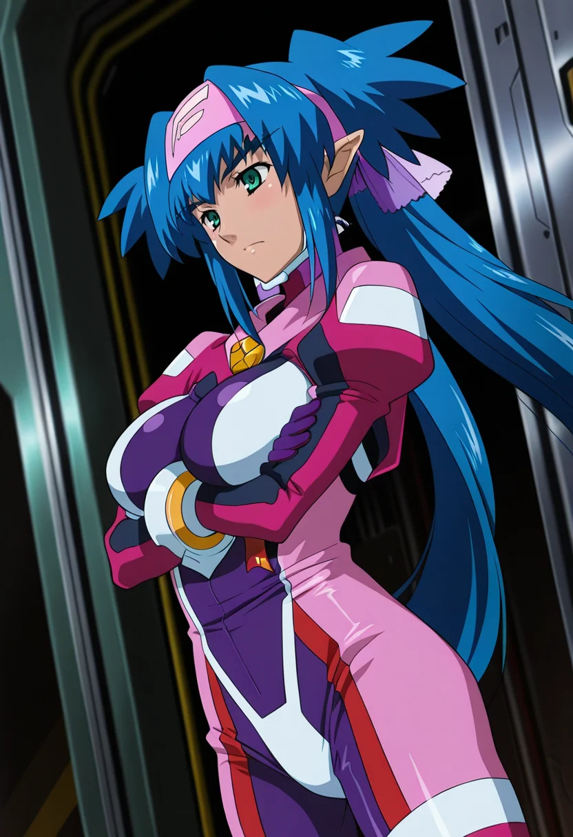 hangar, sci-fi,
BREAK,
arms crossed,
cowboy shot, dynamic angle, 
BREAK,
<lora:_illustriousXL_v01:1>
klan klein, klanzen, pointy ears, dark skinned female, blue hair, green eyes, pink bandana, twintails, very long hair, hair ornament, 
bodysuit, long sleeves, pilot suit,
long legs,, source_anime, very aesthetic, anime coloring, masterpiece, 
best quality, amazing quality, ultra detailed, very aesthetic, 
detailed background, 
BREAK,