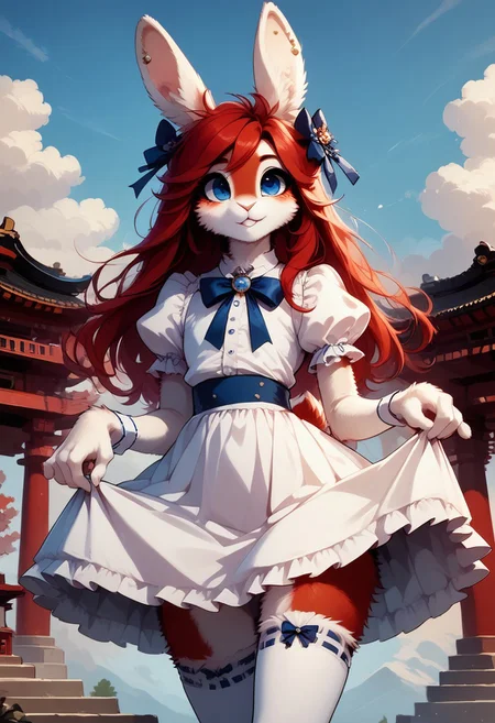 score_9, score_8_up, score_7_up, 
Huggles, 1boy, solo, furry male, rabbit boy, rabbit ears, rabbit tail, red hair, long hair, blue eyes, jyojifuku, dress, frills, ribbon, hair bow, thighhighs, MegaFluffyPony, furry, fluffy, skirt lift,
highly detailed, intricate, zzCitronCAT, outdoors, temple, pagoda
