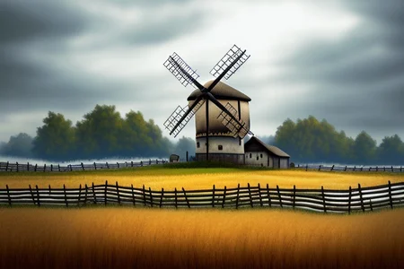 RAW photo, (masterpiece:1.3), subsurface scattering, heavy shadow, (high quality:1.4), (intricate, high detail:1.2), professional photography, HDR, High Dynamic Range, realistic, ultra realistic, photorealistic, high resolution, film photography, ambient lighting, atmospheric effects, <lora:detail_slider_v4:2>, OverallDetail, nice fantasy farmhouse, wheat fields, windmill, fence, fantfa, <lora:FantasyFarm:1>