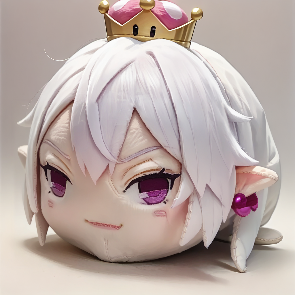 score_9, score_8_up, score_7_up, BREAK  <lora:NSBooetteMari:1> NSBooetteMari, white hair, hair flaps, long hair, pale skin, hair between eyes, purple eyes, large breasts, crown, ball earrings, pink earrings, pointy ears, <lora:hauntedBeanPlushieThatWill_v10:1.2> haunted bean plushie
