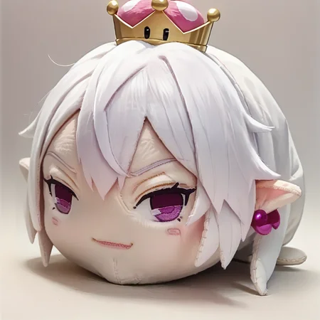 score_9, score_8_up, score_7_up, BREAK <lora:NSBooetteMari:1> NSBooetteMari, white hair, hair flaps, long hair, pale skin, hair between eyes, purple eyes, large breasts, crown, ball earrings, pink earrings, pointy ears, <lora:hauntedBeanPlushieThatWill_v10:1.2> haunted bean plushie