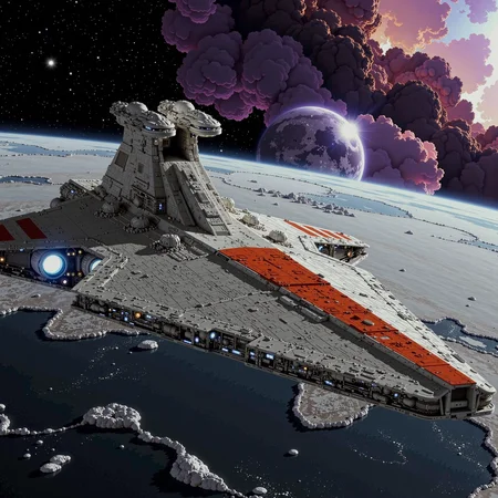 v3nat0r, A massive Venator-class Star Destroyer glides through the void of space, its angular dagger-shaped hull lit by the distant glow of stars. The dual command towers rise above the main structure, casting long shadows across the ship’s heavily armored surface. Bright blue engine thrusters blaze at the stern, and the hull is detailed with Republic red stripes.
In the background, a colossal planet looms nearby. A glowing ring of icy debris encircles the planet, reflecting soft ambient light across the Star Destroyer's hull. Just beyond, a glowing purple-and-gold nebula blooms across the starfield, its tendrils of ionized gas stretching into space, casting an ethereal glow that contrasts with the cold metallic warship. The composition is cinematic and full of atmosphere, evoking the isolation, power, and beauty of a Clone Wars-era deep space patrol. 4k, highly detailed, masterpiece, high quality