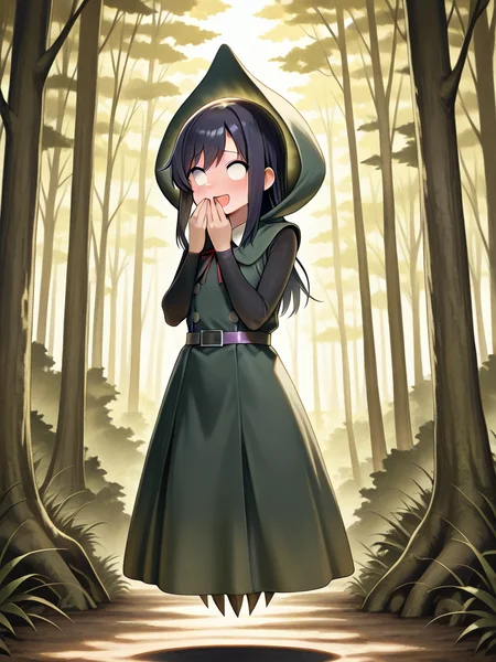 <lora:IL_flatwoods_monster:1>,flatwoods_monster/(Character/),forest,floating,no humans,blank eyes,
claws,dress,hood,asashio \(kancolle\),open smile,moving,covering own mouth,embarrassed,profile,, masterpiece,best quality,amazing quality,very aesthetic,absurdres,