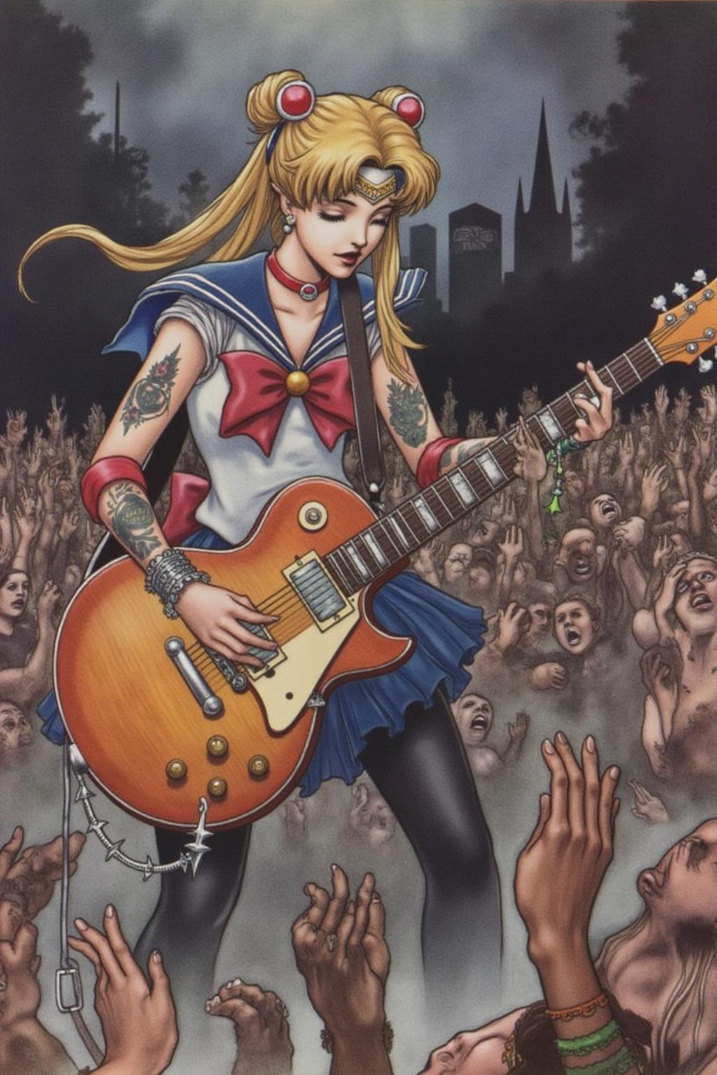 charob1 illustration.
 sailor moon playing a guitar at a heavy metal mosh pit, tattoos, piercing. 
  <lora:charob1_cap_d6a3e11:1.0><lora:824704983212521160:0>