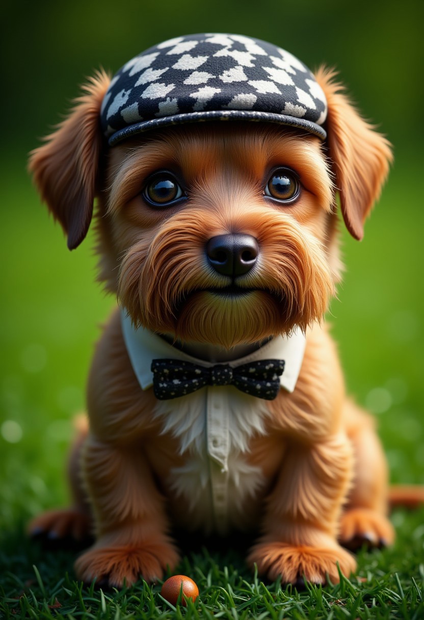small dog, bearded scottish terrier, sitting on green grass, golf club background, wearing a black-white checkered newsboy cap and bowtie around neck, serious expression, realistic dog hair, live eyes, professional photoshoot, colorful, vivid colors, realistic, ultra-sharp, hyper-detailed, chiarosquro lighting, aidmaimageupgrader