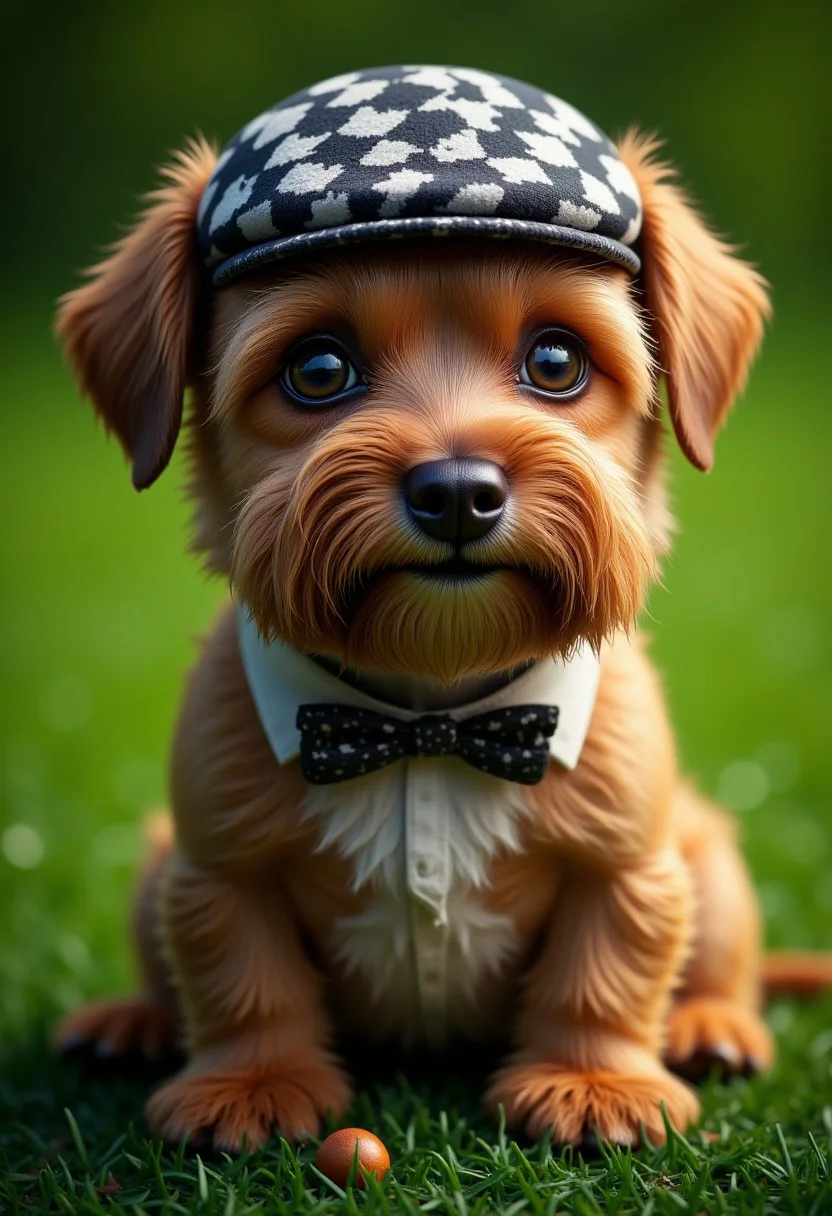 small dog, bearded scottish terrier, sitting on green grass, golf club background, wearing a black-white checkered newsboy cap and bowtie around neck, serious expression, realistic dog hair, live eyes, professional photoshoot, colorful, vivid colors, realistic, ultra-sharp, hyper-detailed, chiarosquro lighting, aidmaimageupgrader