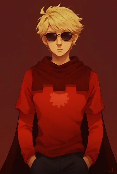 , score_9, score_8_up, score_7_up, masterpiece, , line art, portrait, anime,, detailed, <lora:Expressive_H:0.45> Expressiveh, , , <lora:Dave_Strider:0.8>, dave strider, blonde hair, sunglasses, freckles, male, 1boy, godtier, cape, red shirt, pants, simple background, dark red background,
