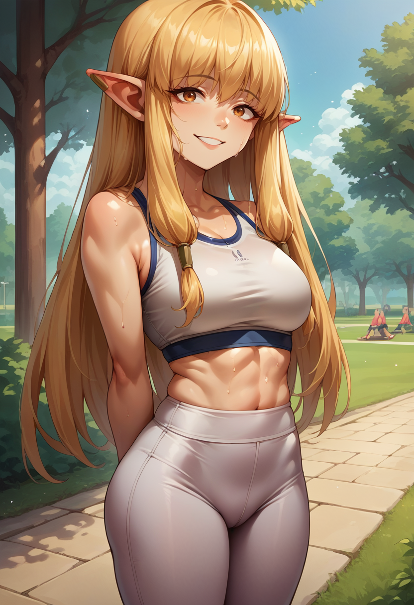 score_9, score_8_up, source_anime, 1girl, solo, Serie, long hair, hair tubes, ear bar, sports bra, yoga pants, tight pants, sweat, outdoors, park scene, arms behind back, smile, <lora:ChamSeriePonyXL:1>