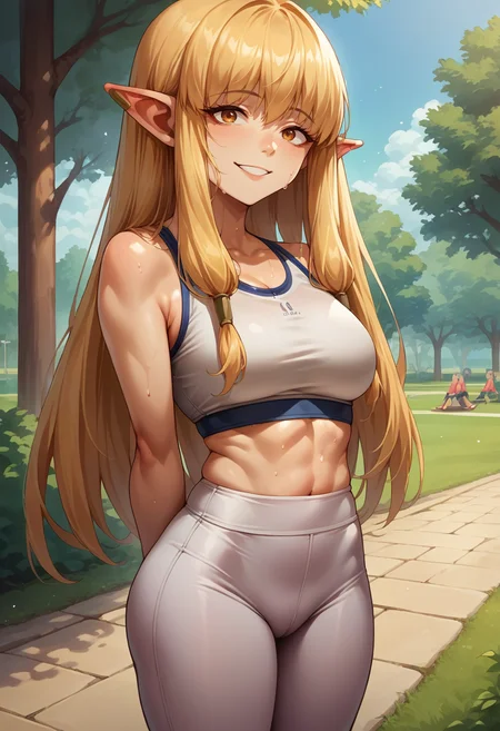score_9, score_8_up, source_anime, 1girl, solo, Serie, long hair, hair tubes, ear bar, sports bra, yoga pants, tight pants, sweat, outdoors, park scene, arms behind back, smile, <lora:ChamSeriePonyXL:1>
