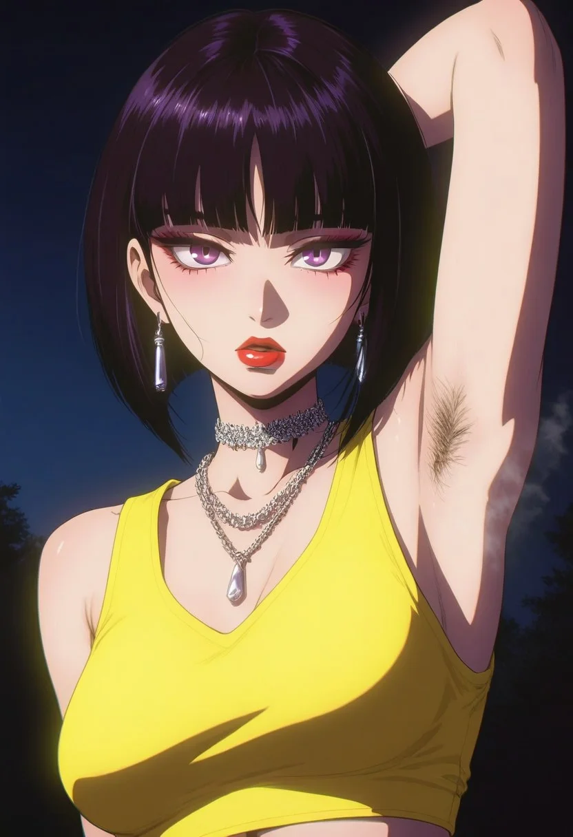 closeup zoomed in portrait of a Japanese goth woman, bangs, straight-cut bob, dark eyehadow, red lips, dangly earrings, choker, necklaces, fluorescent neon yellow sleeveless crop top, armpit hair, steaming armpits, professional photography, directional lighting, outdoors, silhouetted, dark background, chiascuro