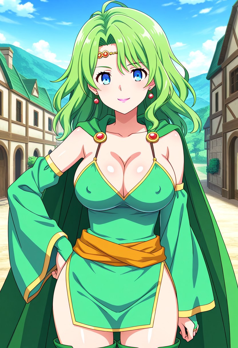 official art, detailed anime, ultra detailed anime art, anime screencap, screencap, score 9, score 8 up, score 7 up, masterpiece, anime coloring, source anime,
BREAK
RydiaMageTSK, 1girl, solo, long hair, green hair, blue eyes, pink lips, aged up, adult female, adult face, perfect body, cleavage, large breast, curvy, wide hips, shiny skin, smoothy skin, 
BREAK
jewelry, earrings, detached sleeves, cape, circlet, dress, collarbone, bare shoulders, green cape, thighhighs, sash, wide sleeves, thigh boots, green footwear, high heels, covered nipples, bridal gauntlets,
BREAK
cowboy shot, standing, 1hand on hip, day, generic fantasy town, detailed background,