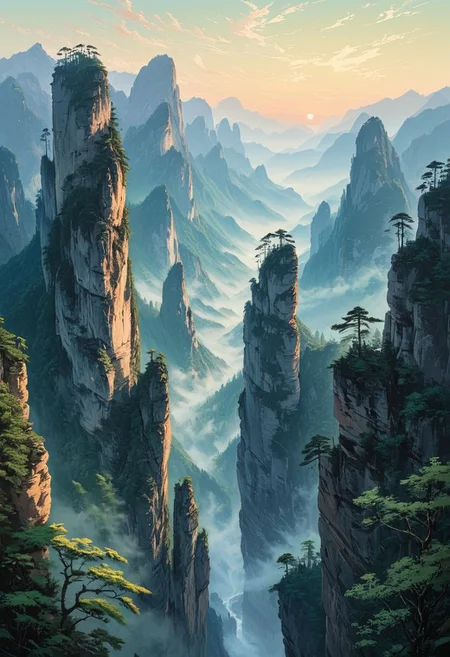 famous artwork, masterful use of light and shadow, masterful composition following the rule of thirds, chiaroscuro, dappled sunlight, at dawn, romanticism oil painting of the floating peaks of zhangjiajie in the style of caspar david friedrich, towering sandstone pillars rising through a sea of mist, their sheer cliffs overgrown with lush green vegetation with small accents of colorful wildflowers, the scene is bathed in a golden morning light, soft rays piercing through the ethereal mist, casting long shadows and highlighting the rugged texture of the stone, delicate wisps of cloud wrap around the formations, further emphasizing their towering grandeur, the atmosphere is serene yet awe-inspiring, evoking a sense of the sublime, a narrow, winding mountain path leads toward a detailed wooden bridge that connects two towering peaks, an ancient and awe-inspiring temple built in traditional chinese style sits atop a pillar in the middle ground