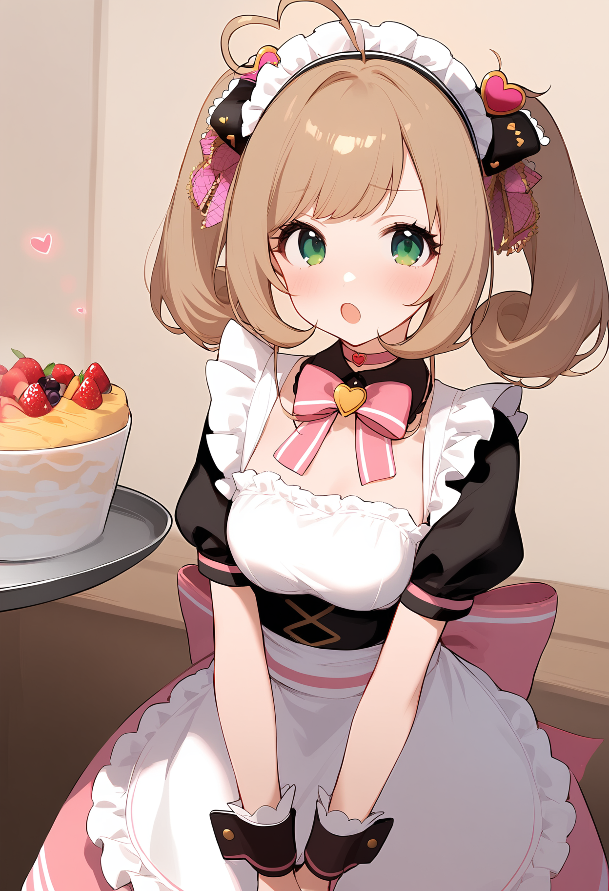 1girl,
sato shin,


solo, blush, looking at viewer, maid, pink choker, white apron, puffy short sleeves, v arms, detached collar, heart ahoge, tray, holding, choker, dress, pink dress, brown hair, blonde hair, collarbone, virtual youtuber, ahoge, twintails, holding tray, puffy sleeves, maid apron, open mouth, heart, hair ornament, wrist cuffs, long hair, short sleeves, green eyes, maid headdress, apron, heart hair ornament,

sfw
<lora:a31_char_new_sato_shin-000016:1> <lora:a31_style_koni-000010:0.8>