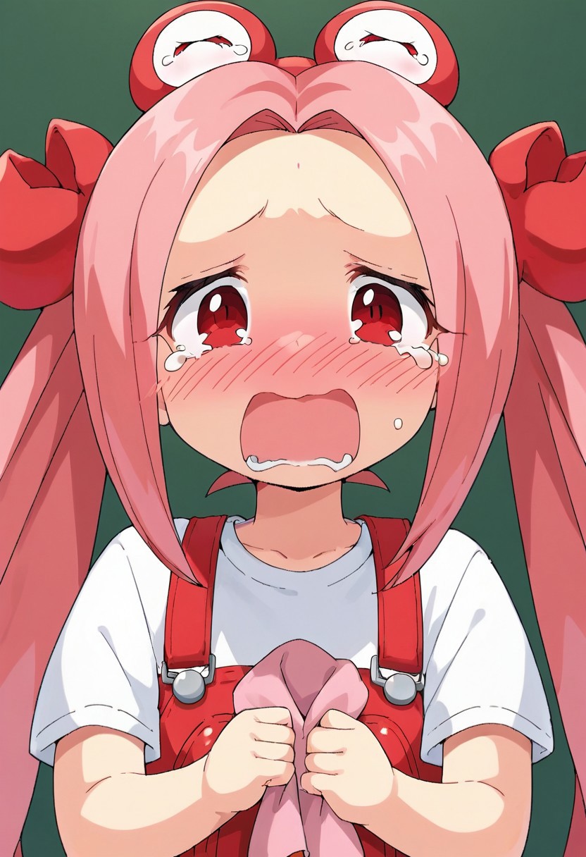 score_9, score_8_up, score_7_up, source_anime,cancer, 1girl, solo, long hair, blush, open mouth, red eyes, ribbon, twintails, pink hair, tears, parted bangs