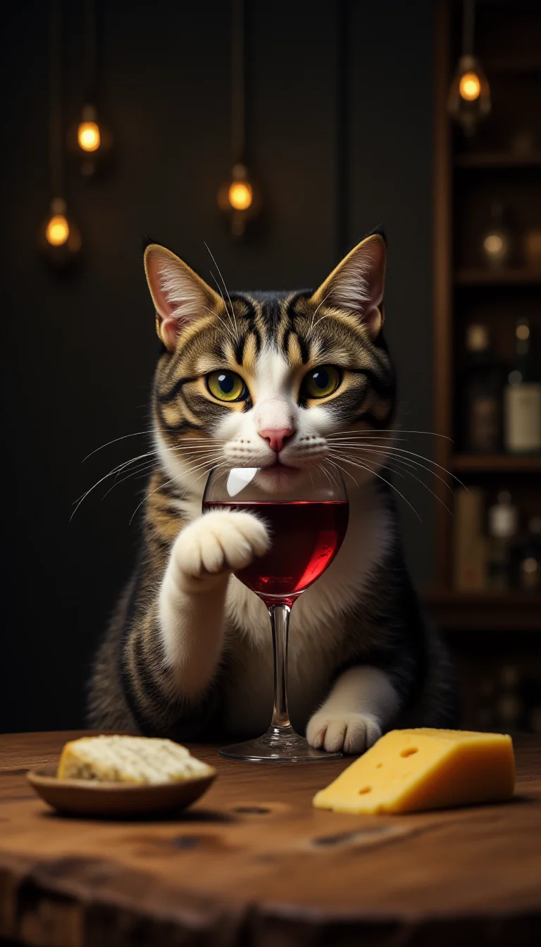 a elegant cat drinking a glass of wine, with cheese on the table, by Stanley Donwood