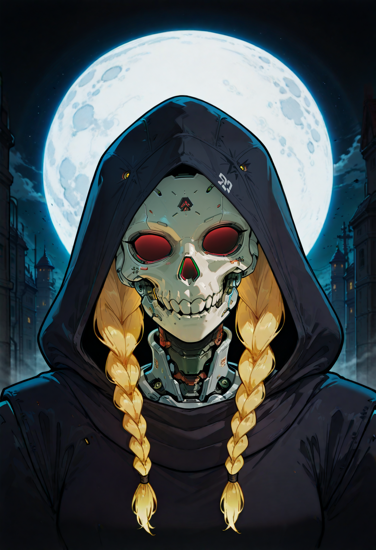 <lora:HeavyTechILXL:1> h3avyt3ch,
twin braids, solo, moon, robot, braid, hood, humanoid robot, red eyes, 1girl, glowing eyes, glowing, full moon, hood up, sky, blonde hair, night, looking at viewer, upper body, portrait, head tilt, skull, masterpiece, best quality, amazing quality, intricate detail, highly detailed, absurdres, very aesthetic, dynamic lighting, detailed background, scenery, (volumetric lighting)