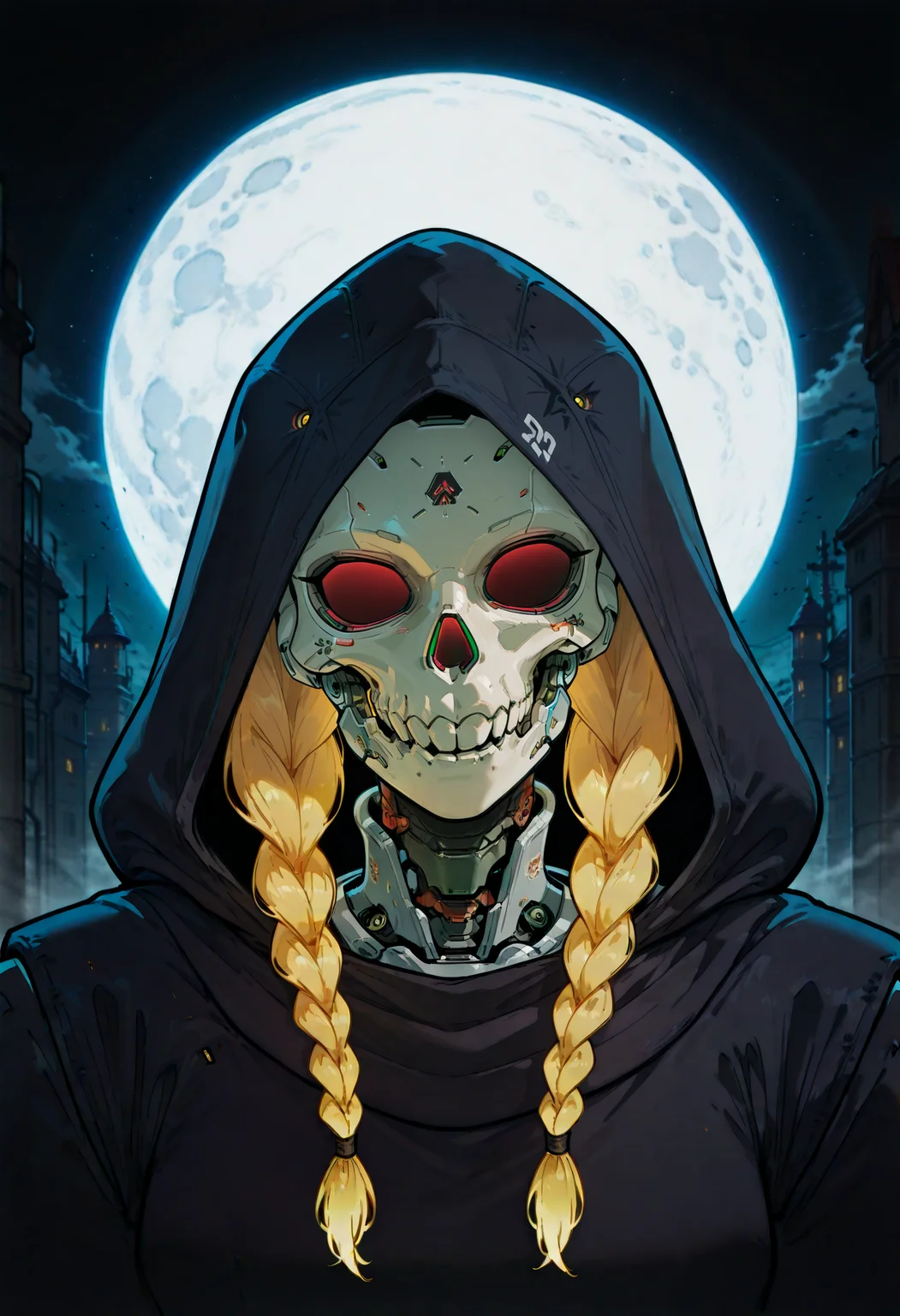 <lora:HeavyTechILXL:1> h3avyt3ch,
twin braids, solo, moon, robot, braid, hood, humanoid robot, red eyes, 1girl, glowing eyes, glowing, full moon, hood up, sky, blonde hair, night, looking at viewer, upper body, portrait, head tilt, skull, masterpiece, best quality, amazing quality, intricate detail, highly detailed, absurdres, very aesthetic, dynamic lighting, detailed background, scenery, (volumetric lighting)