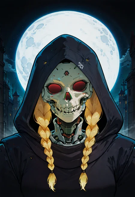 <lora:HeavyTechILXL:1> h3avyt3ch,
twin braids, solo, moon, robot, braid, hood, humanoid robot, red eyes, 1girl, glowing eyes, glowing, full moon, hood up, sky, blonde hair, night, looking at viewer, upper body, portrait, head tilt, skull, masterpiece, best quality, amazing quality, intricate detail, highly detailed, absurdres, very aesthetic, dynamic lighting, detailed background, scenery, (volumetric lighting)