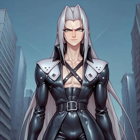score_9, score_8_up, score_7_up, flightless detailed closeup action shot, from front, Sephiroth leaping through the air swinging very long sword in a wide overhead arc, smug expression, dynamic pose, exaggerated perspective emphasizing action, in an industrial city at night, dim street lighting, solo, beautiful, androgynous, flat chest, leather straps, broad shouldered, leather coat, high contrast, industrial cityscape background,