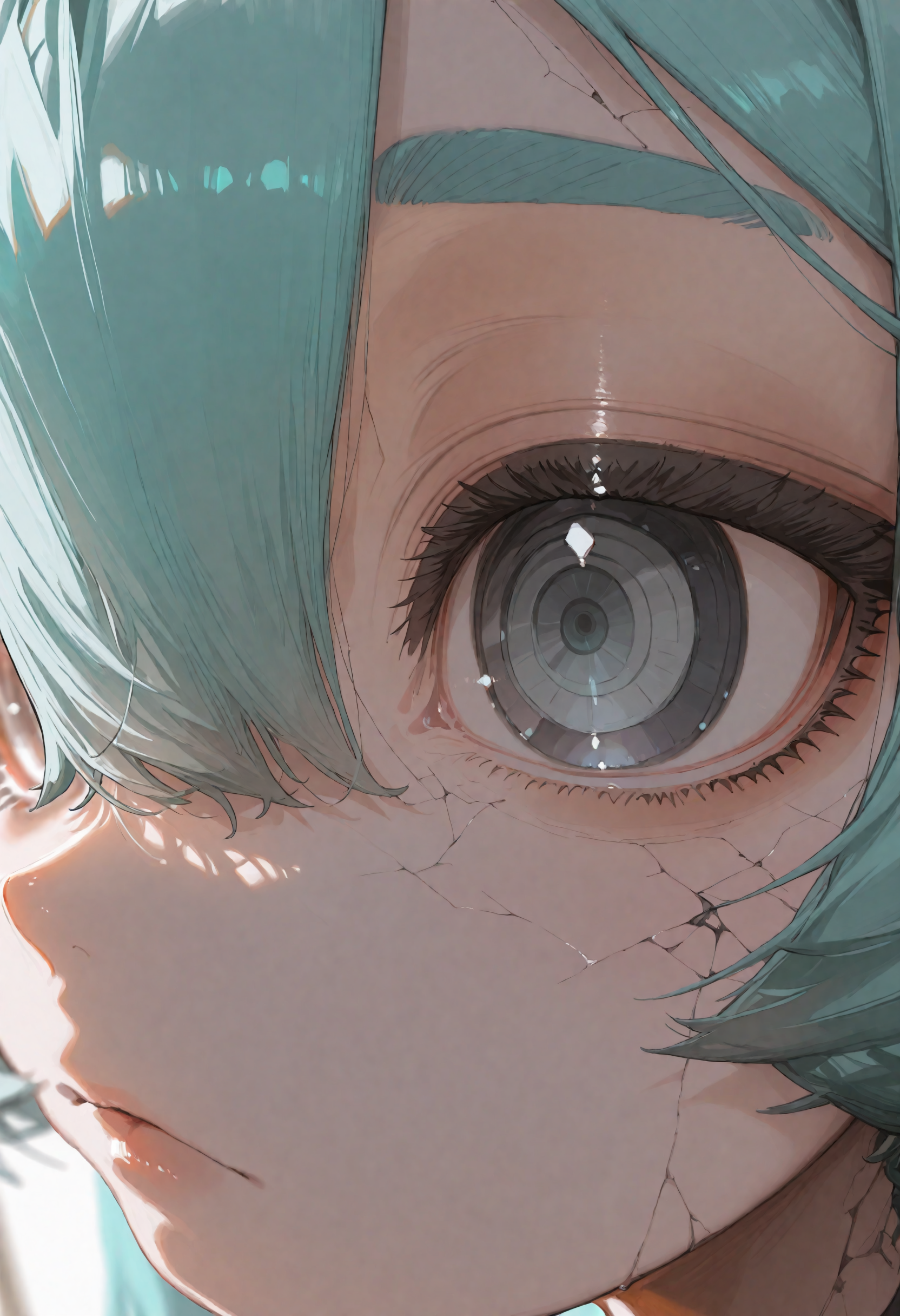 masterpiece, best quality, newest, absurdres, highres, very awa, anime screencap, no lineart:1.3, eye focus, foreshortening:1.3, fisheye:0.8, ambient occlusion, depth of field, simple background, sunlight, hatsune miku, eye focus, close-up, from side, looking at viewer, solo, 1girl, thick eyebrows, aqua hair, hair between eyes, eyelashes, android:1.2, reflection, blurry, closed mouth, crack:1.1, eye focus, close-up, eye reflection, black eyes, artificial eye, ringed eyes, mechanical eye, grey eyes