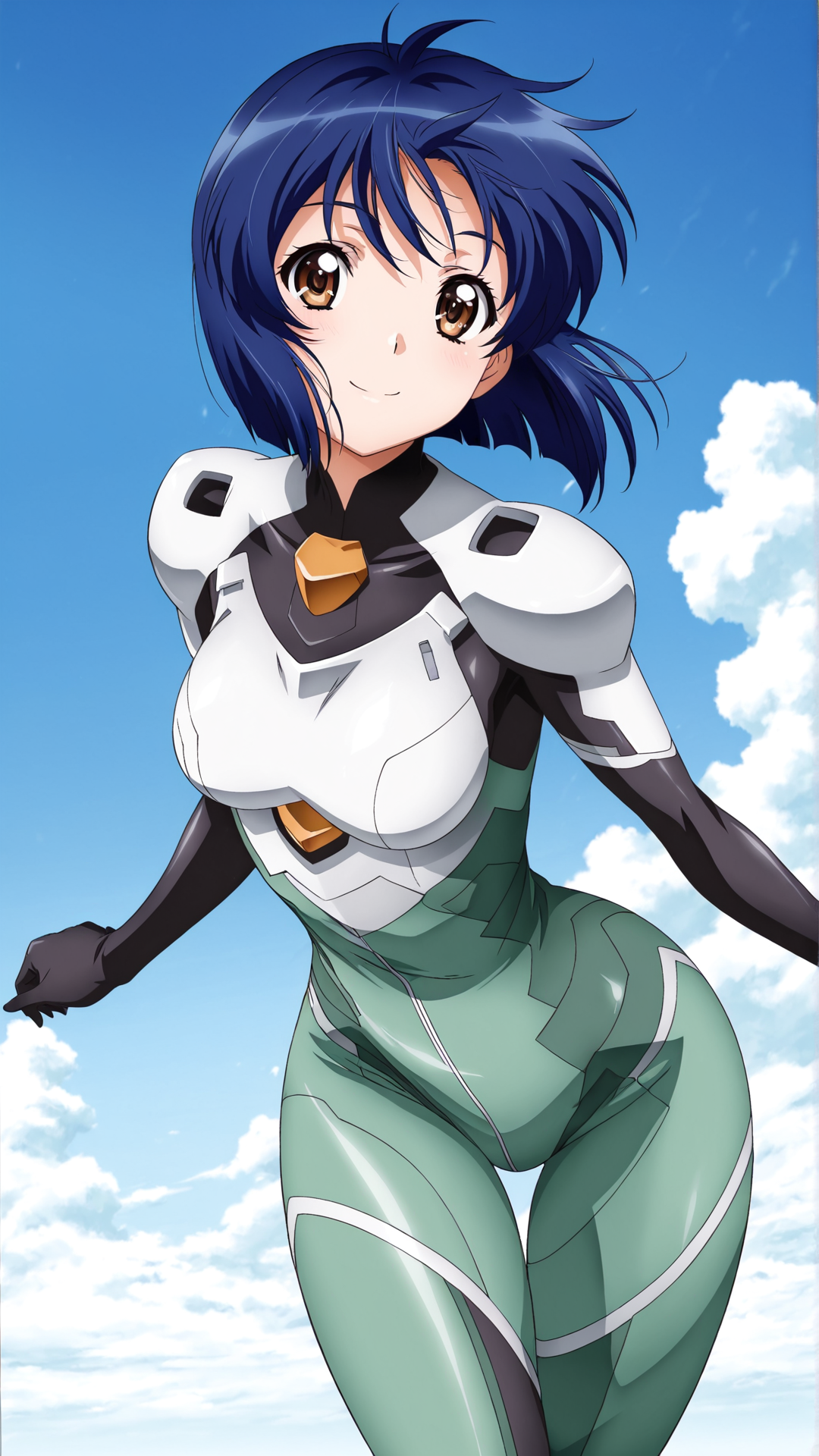 masterpiece, best quality, anime coloring, science fiction, blue sky
1girl,solo, smile, floating hair, dynamic pose
 <lora:Satsuki-Kawamoto_lL_v01:1> satsuki-kawamoto, blue hair, brown eyes, short hair, bodysuit, pilot suit, thigh gap, skin tight