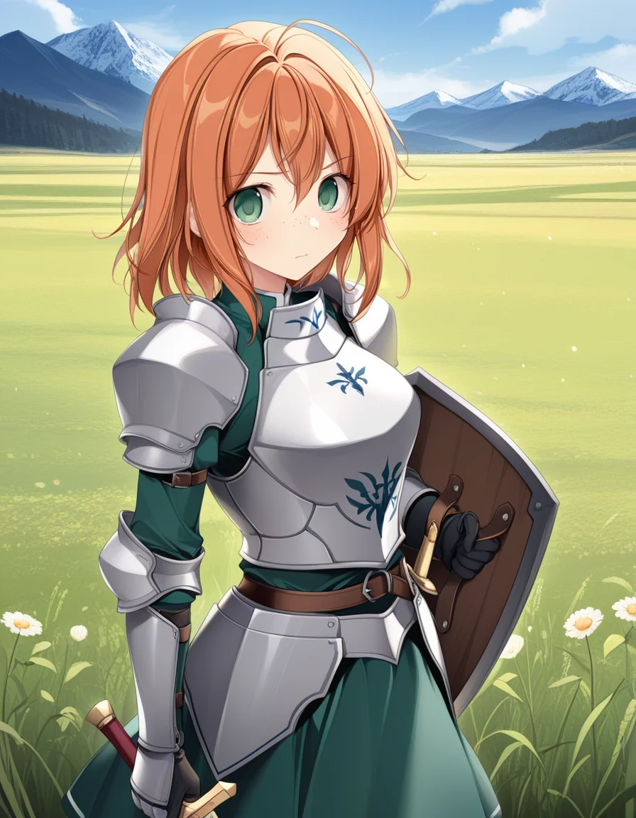 (k4r0ry), <lora:1_illu_karory_9e:1>, 1girl, armor, sword and shield, skirt, freckles, orange hair, medium hair, green eyes, field, mountains, (masterpiece, best quality, amazing quality),