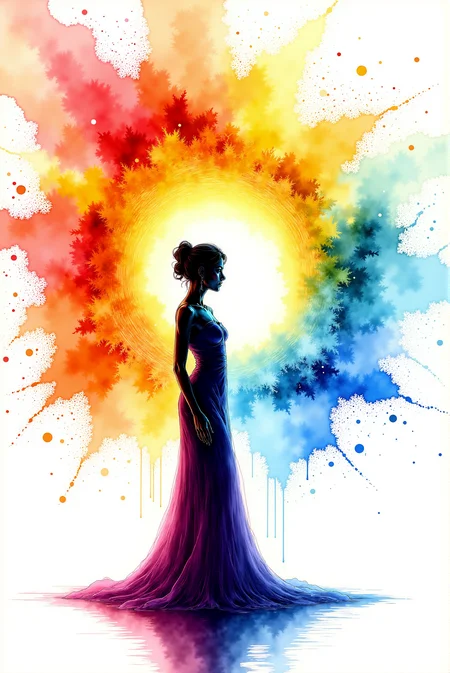 <lora:Vibrant_watercolor_v.21:0.80> A watercolor sketching featuring DGLO style dulac1 illustration in VibrantlySharp style. A graceful silhouette of a woman stands poised, her figure framed by a dramatic explosion of vibrant, flowing colors that fan outward like liquid fire and water meeting in perfect harmony. On her right, warm hues dominate: radiant reds, fiery oranges, and golden yellows cascade like molten lava, splashing outward in bold streaks. On her left, cool tones prevail: deep blues, vivid purples, and electric aquas ripple like the serene yet powerful waves of an ocean. Her posture is elegant, with a subtle tilt of her head and a poised hand, suggesting both contemplation and confidence. The colors appear to move, blending and colliding in mesmerizing gradients that spill into the white void surrounding her. The interplay of warm and cool tones creates an electrifying balance, embodying both chaos and serenity.