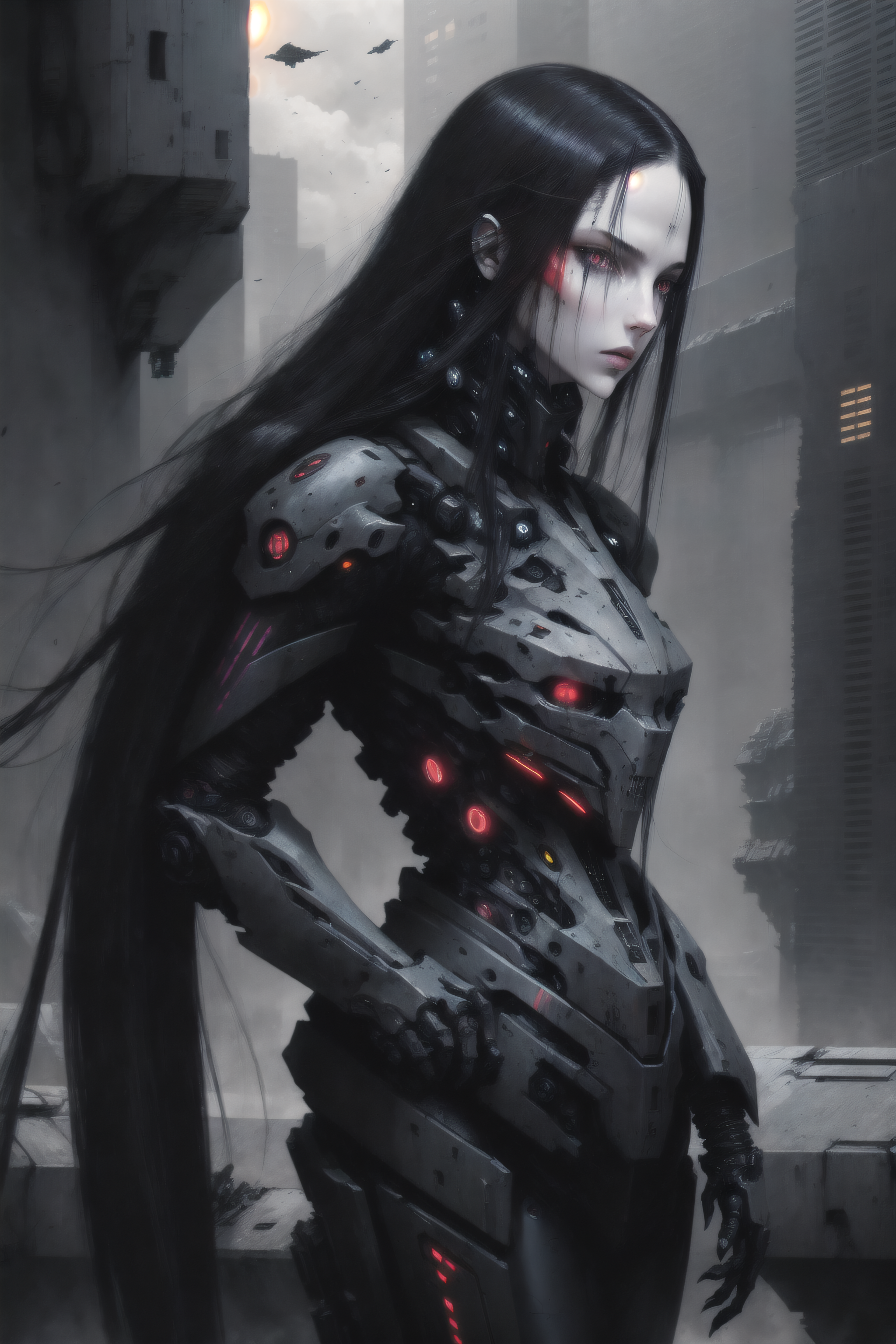 dark colors, best quality,realistic,sharp, highly detailed,soft lighting,pcell, hair, cyborg, portrait, detailed face, pale skin, tubes, concrete, mega structures, giant buildings ,decrepit scenery,  debris, <lora:blamev2:0.7>