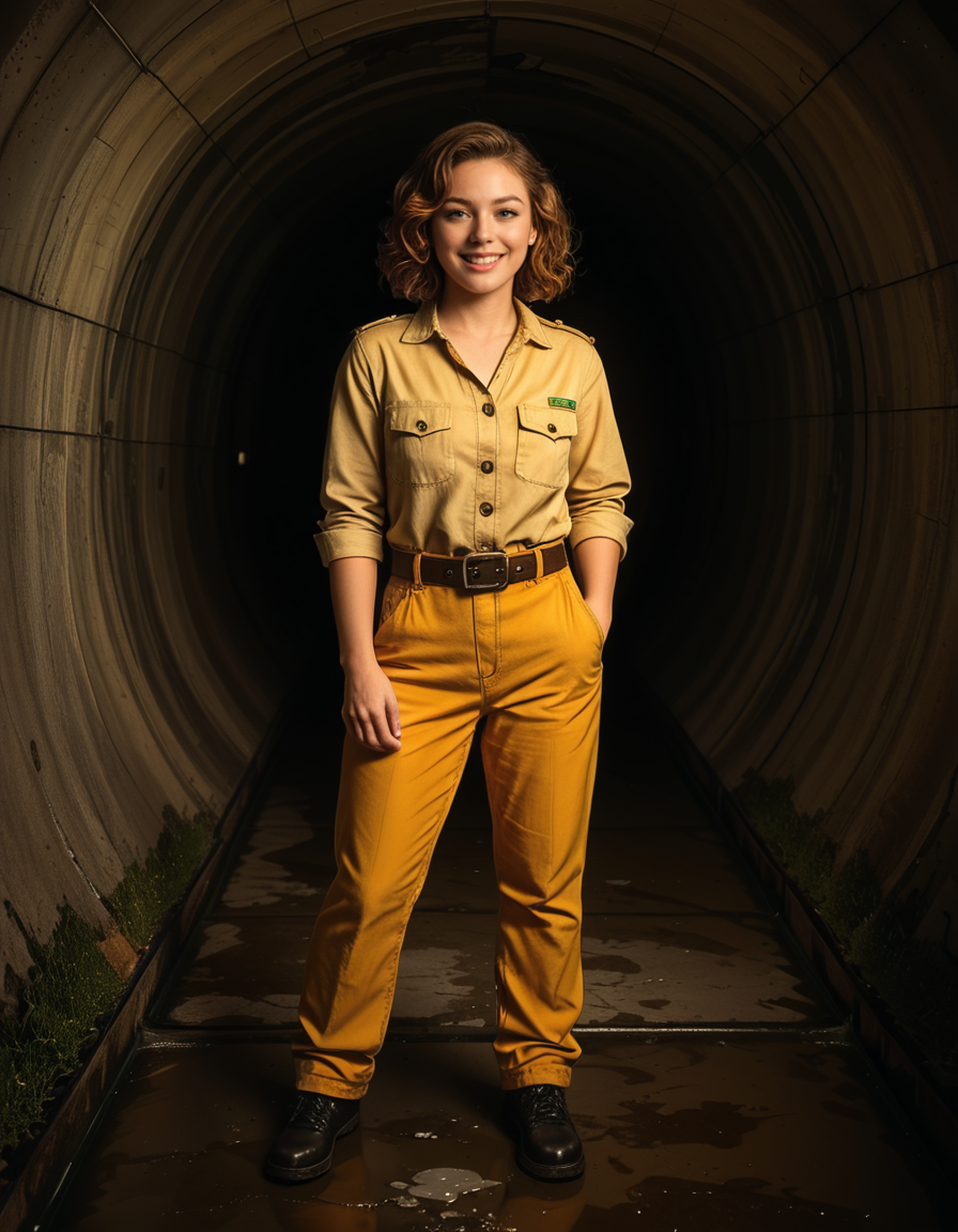 A young woman, April O'Neil, stands confidently in front of a large, circular sewer pipe,L4rg3 s3w3r p1p3. She has vibrant red, shoulder-length wavy hair and wears her iconic bright yellow jumpsuit with utility-style details, such as rolled-up sleeves and visible pockets. A brown utility belt is fastened around her waist. She holds a microphone or a small camera in one hand, highlighting her role as a journalist. Her expression is determined and slightly smiling, radiating courage and curiosity.
The sewer pipe behind her is massive and weathered, with green moss and moisture stains around its edges. The interior of the pipe is dark and shadowy, while the exterior is illuminated by soft natural light. There is a small puddle of water or wet ground in front of the pipe, reflecting faint light.
The background features an urban, industrial setting with worn brickwork surrounding the sewer opening, showing signs of age and decay. Small wild plants and grass grow around the base, adding a touch of nature to the scene.
The lighting is soft and dramatic, with natural sunlight streaming in and casting gentle reflections on the ground and inside the pipe. The image is styled as a semi-realistic illustration with vivid, bright colors for April O'Neil, contrasting with the muted, earthy tones of the background. The overall mood is adventurous and cinematic.<lora:SDXLFaeTastic2400:0.4> <lora:extremely_detailed:0.4> extremely detailed, <lora:L4rg3_s3w3r_p1p3:1>, Masterpiece,best quality,hi res,8k,hi res,8k,award winning,(sharp focus, intricate, highly detailed),
