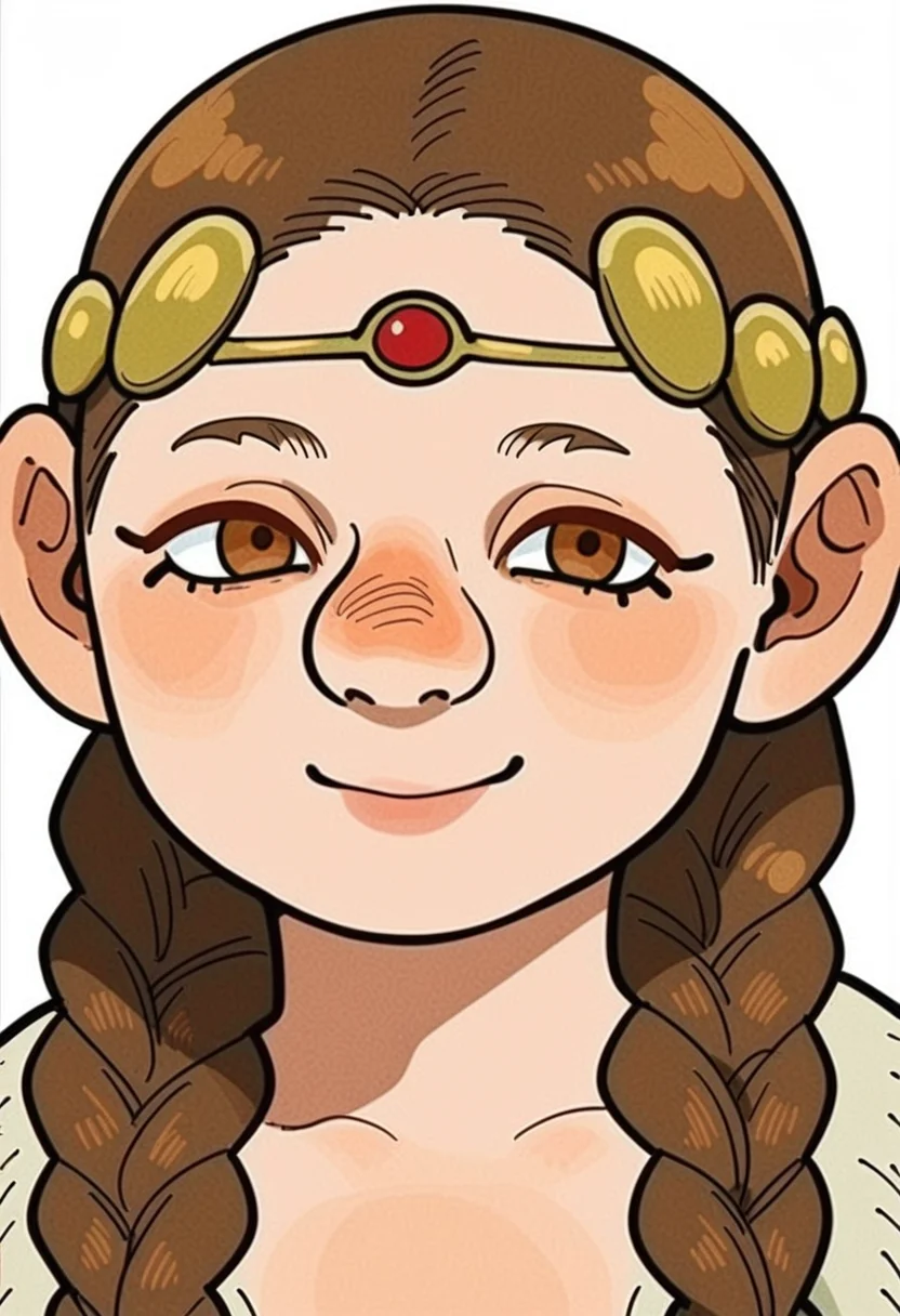 score_9_up score_8_up score_7_up, dwarf, portrait, solo, 1girl, braid, twin braids, smile, brown eyes, brown hair, blush, white background, simple background, long hair, looking at viewer, headband, circlet
<lora:dungeon_meshi_races_pony7_d16:1>