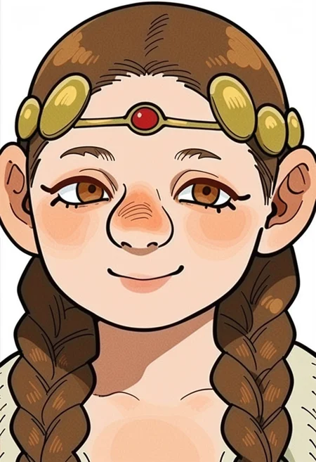 score_9_up score_8_up score_7_up, dwarf, portrait, solo, 1girl, braid, twin braids, smile, brown eyes, brown hair, blush, white background, simple background, long hair, looking at viewer, headband, circlet
<lora:dungeon_meshi_races_pony7_d16:1>